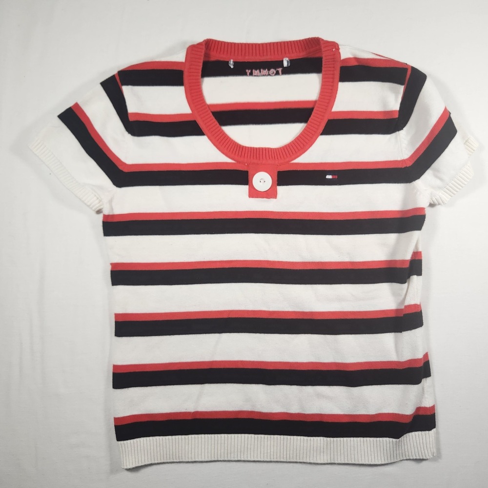 Tommy Hilfiger y2k Womens Short Sleeve Striped Knit Sweater Red‎ Navy